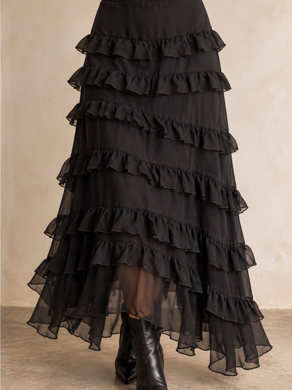 Vintage 90s Black Silk Ruffle Sheer Layered Maxi Skirt 12 Whimsigoth Romantic